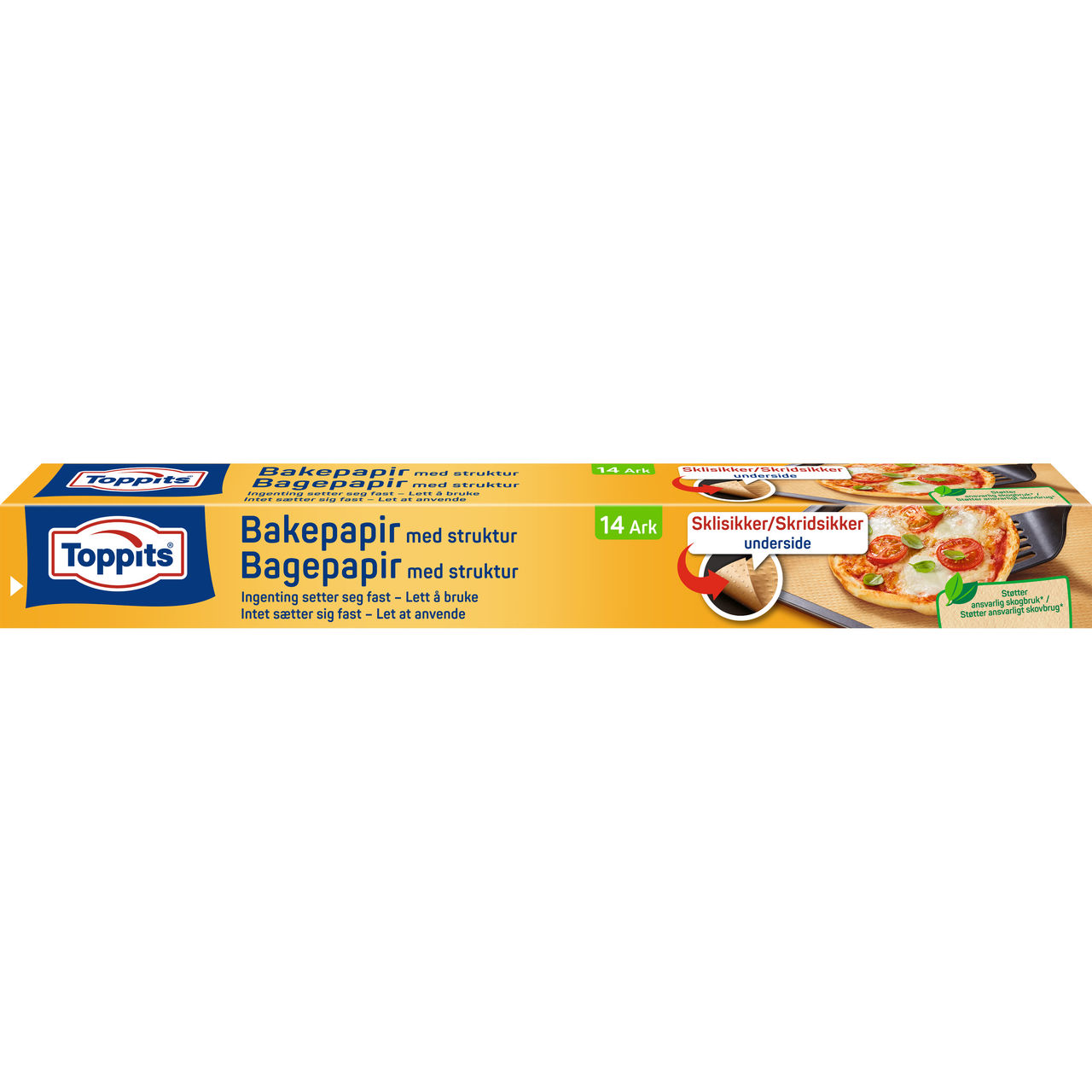 Toppits® bakepapir produktpakning med illustrasjon av bakte retter.