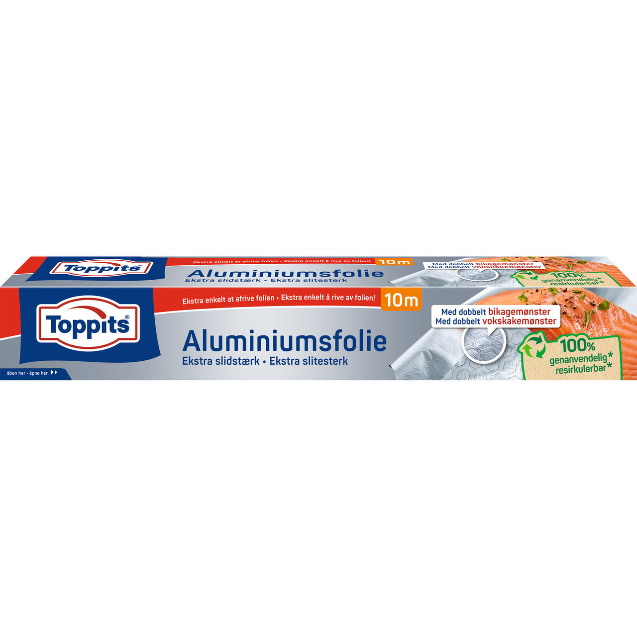 Toppits® aluminiumsfolie produktpakke med resirkuleringssymbol.